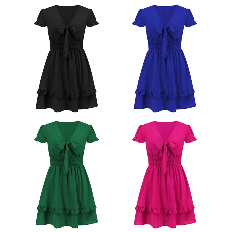 Xiangbao Đầm Xòe Mini Tay Ngắn Cổ Chữ V Thắt Nơ Eo Cao