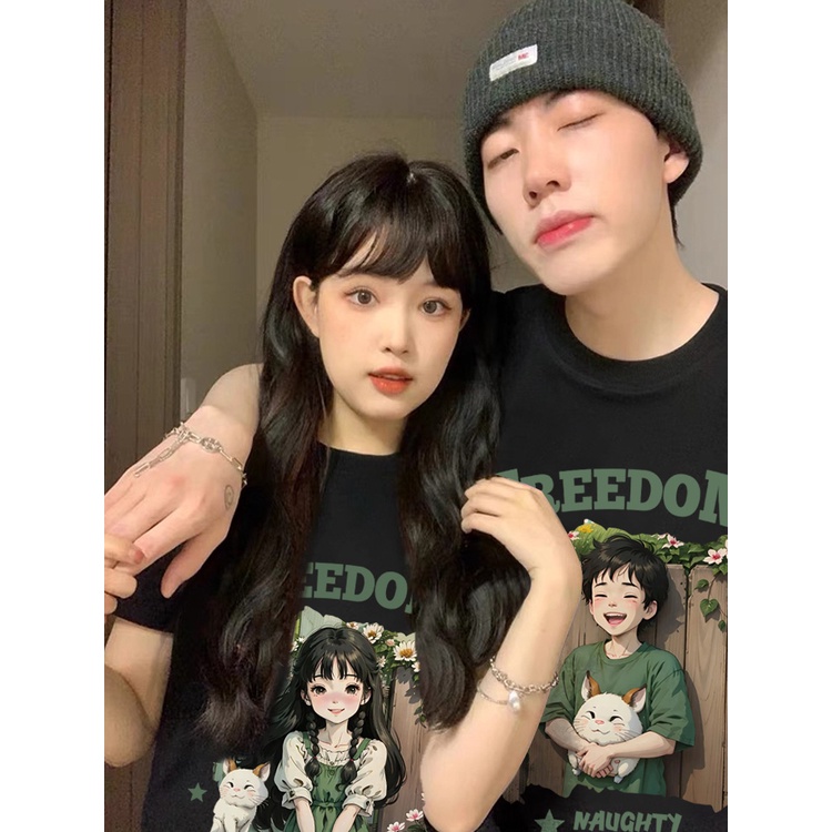 Áo phông unisex trắng đen couple form rộng tay ngắn cổ tròn cho cặp đôi nam nữ