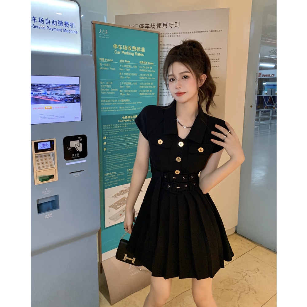 Đầm Ngắn Tay Xếp Ly Phối Thắt Lưng Thời Trang Dành Cho Nữ