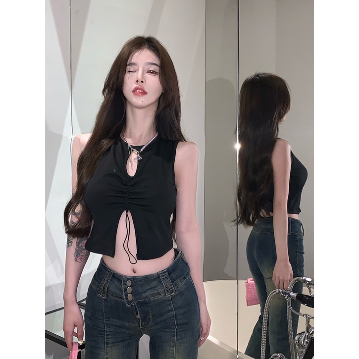 COZOK Áo Hai Dây Dáng Ngắn Form Ôm Thiết Kế Xếp Ly Cột Dây Quyến Rũ