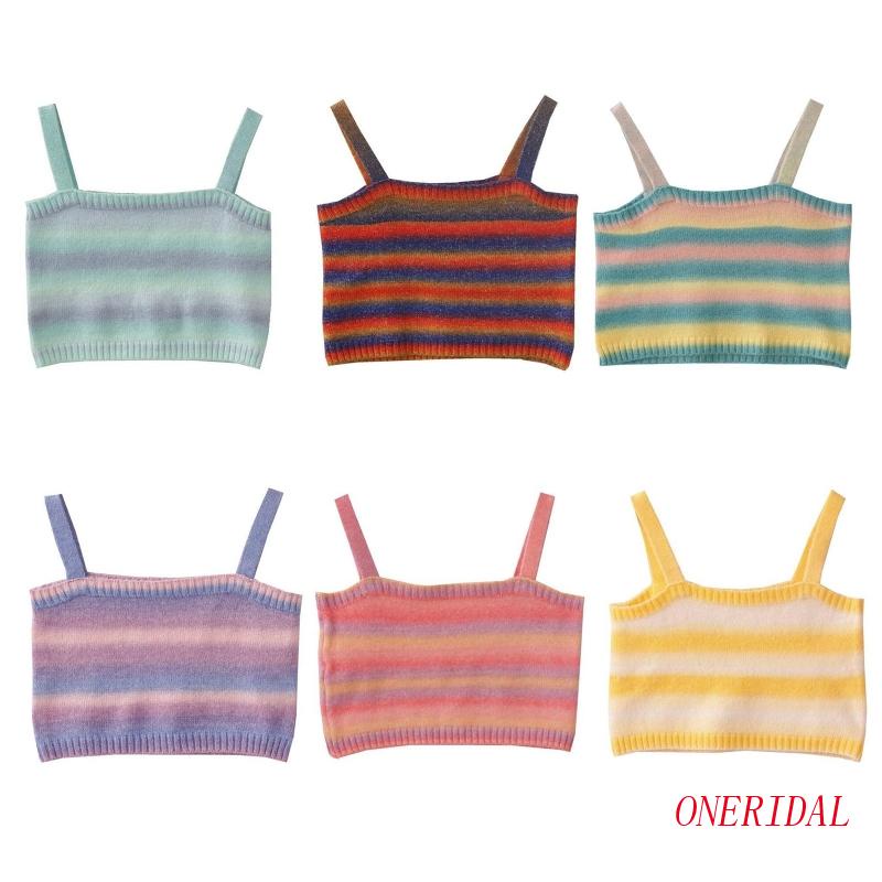 Áo Croptop Dệt Kim Không Tay Dáng Ôm Họa Tiết Kẻ Sọc Nhiều Màu Sắc Dành Cho Nữ