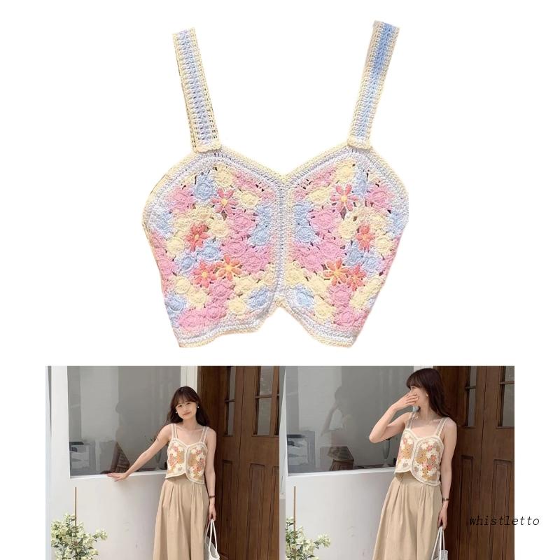 Áo Croptop Hai Dây Dệt Kim Cổ Vuông Dáng Rộng Thêu Họa Tiết Dễ Thương Cho Bạn Gái