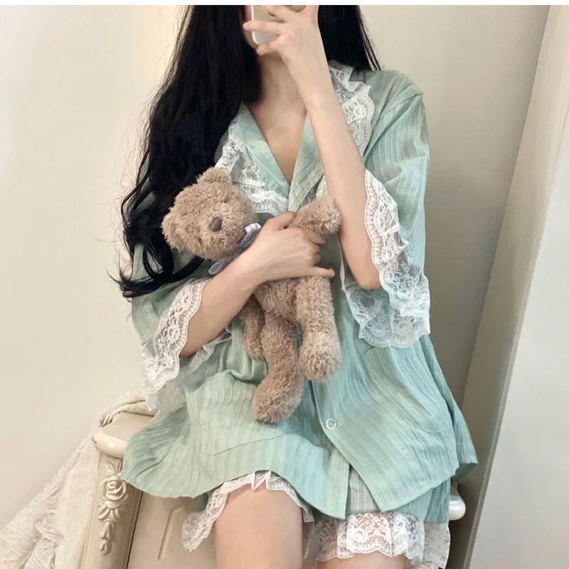 Bộ Đồ Ngủ Áo Tay Ngắn Phối Ren Màu Sắc Ngọt Ngào Phong Cách Nhật Bản Thời Trang Mùa Hè Cho Nữ