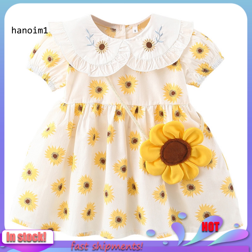 Đầm Tay Ngắn Cổ Bẻ Cài Nút Họa Tiết Hoa Hướng Dương Thời Trang Mùa Hè Xinh Xắn Cho Bé Gái