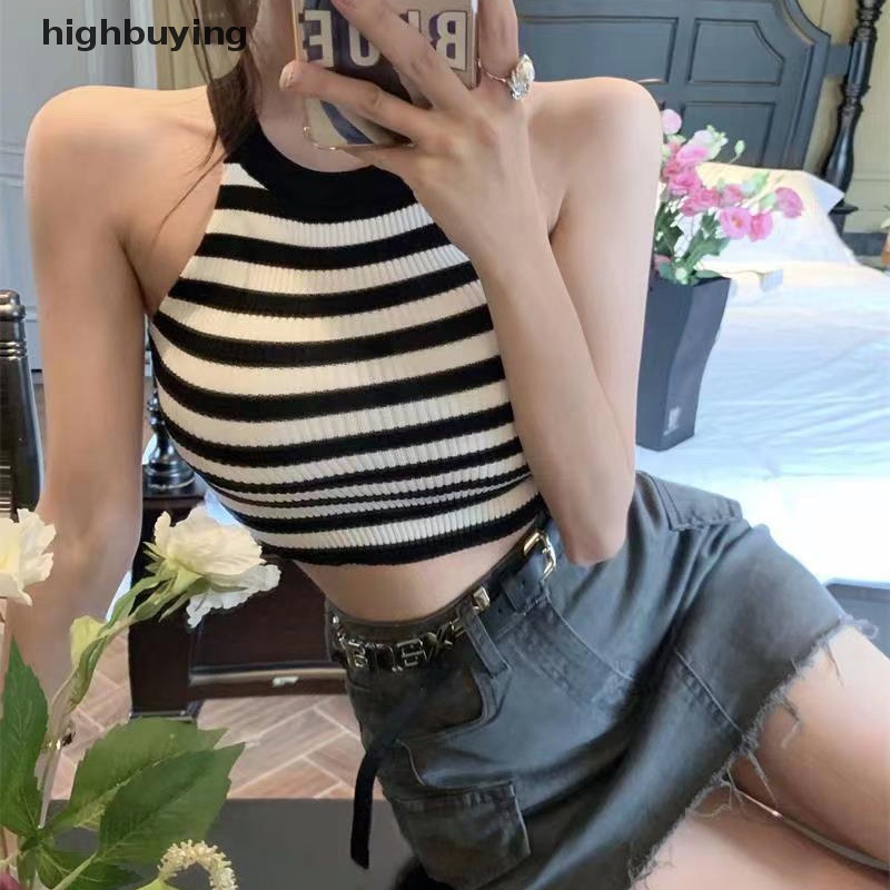 Áo Hai Dây Dệt Kim Họa Tiết Kẻ Sọc Vintage Quyến Rũ Cho Nữ