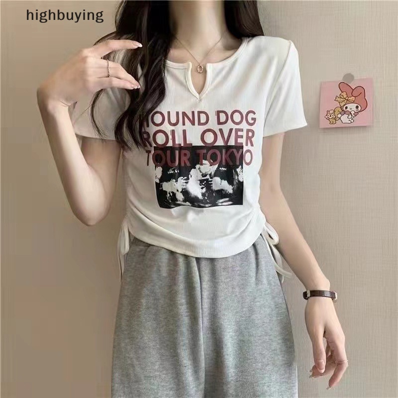 Áo Thun Lửng Ngắn Tay Cổ Chữ V In Chữ Phong Cách Retro Cho Nữ