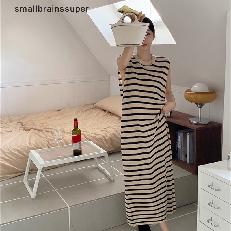 Đầm Dài Không Tay Họa Tiết Kẻ Sọc Đơn Giản Phong Cách Hàn Quốc Cho Nữ SBS
