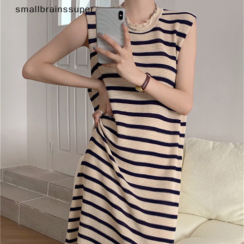 Đầm Dài Không Tay Họa Tiết Kẻ Sọc Đơn Giản Phong Cách Hàn Quốc Cho Nữ SBS