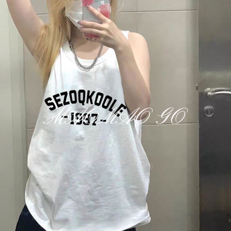 Maomao GO Áo Thun Sát Nách Cổ Tròn Dáng Rộng In Chữ Phong Cách Mỹ Cho Nữ