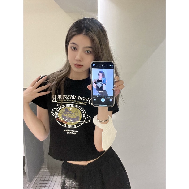 Áo Thun Tay Ngắn Cổ Tròn In Chữ Phong Cách Retro Dành Cho Nữ