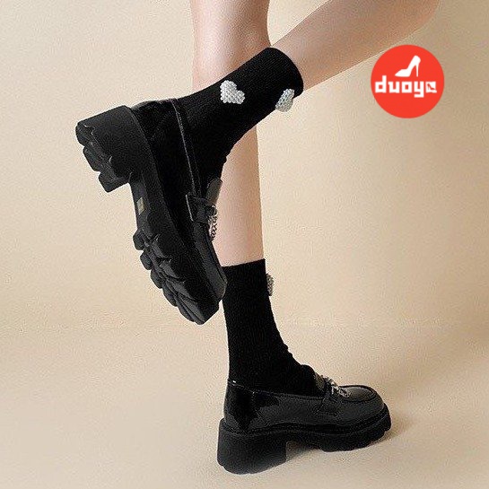 Duoya Giày Lười Đế Dày Bằng Da Cao Su Phong Cách Anh Quốc Cho Nữ Phong Cách