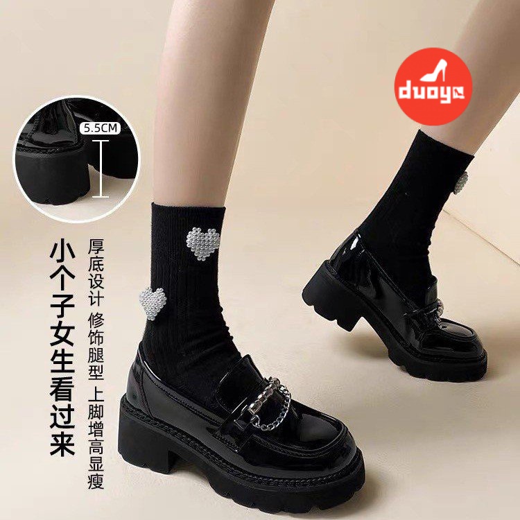 Duoya Giày Lười Đế Dày Bằng Da Cao Su Phong Cách Anh Quốc Cho Nữ Phong Cách