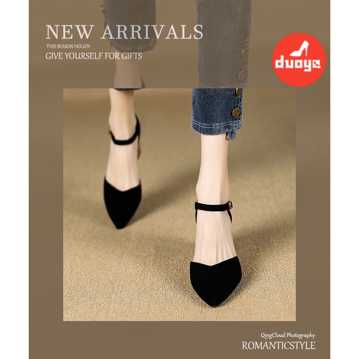 Duoya Tóc Thẳng ~ [Hàng Có Sẵn] Giày Cao Gót Mũi Nhọn Dày Dặn Bằng Da Mềm Có Khóa Cài Thời Trang Xuân Hè Cho Nữ Miễn Phí Vận Chuyển
