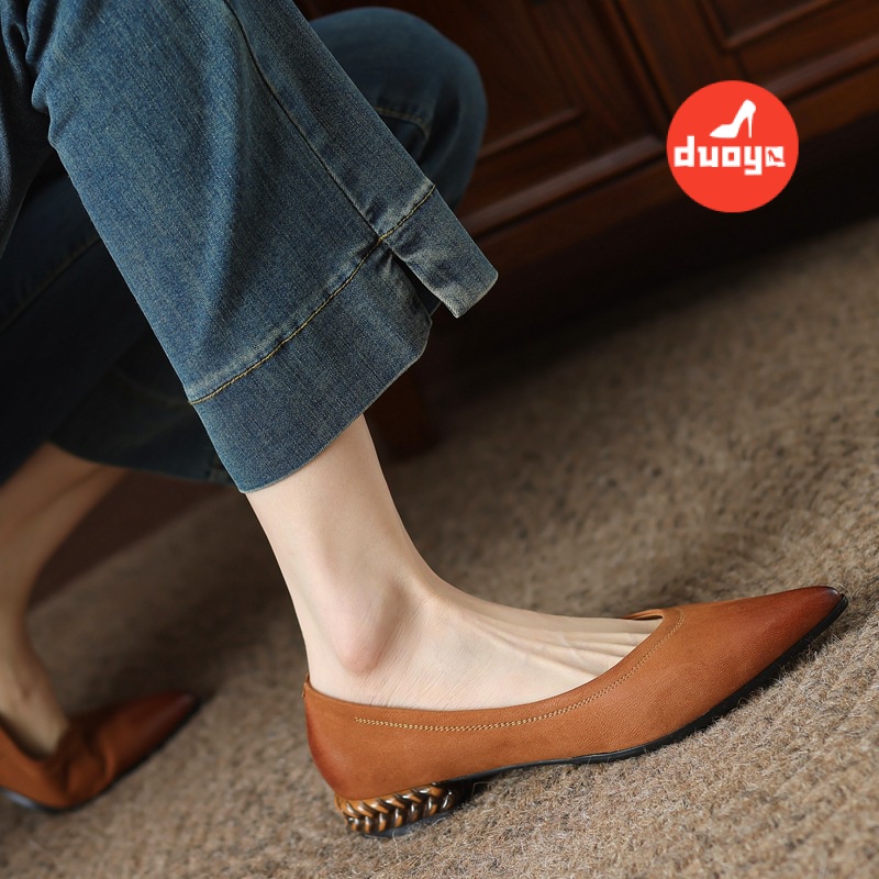 Duoya Tóc Thẳng ~ [Hàng Có Sẵn] Giày Da Mềm Gót Thấp Dày Mũi Nhọn Thoải Mái Mùa Xuân Cho Nữ Miễn Phí Vận Chuyển