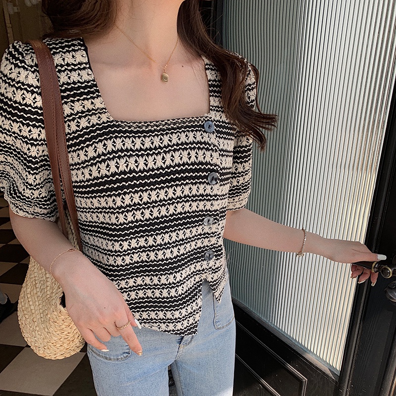 SUXI Áo Kiểu Cổ Vuông Tay Ngắn Dáng Rộng Thời Trang Mùa Hè Phong Cách Vintage Cho Nữ