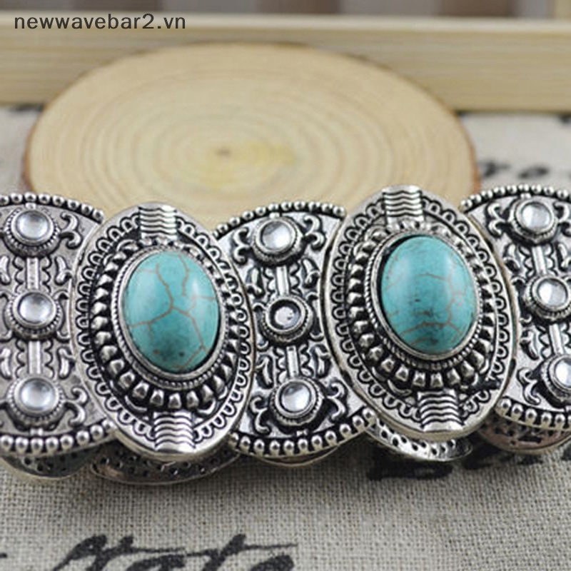 Vòng Tay Bạc Tây Tạng Đính Đá Ngọc Lam Tự Nhiên Phong Cách Boho Cổ Điển Cho Nữ