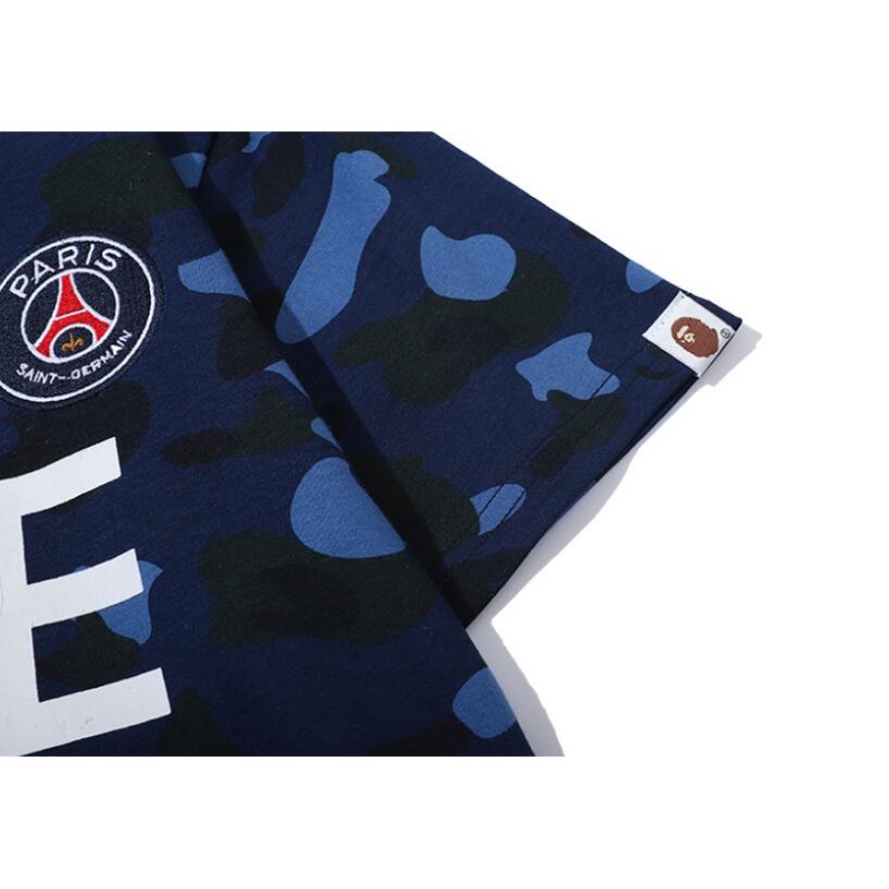 BAPE Hàng Có Sẵn Áo Thun Cotton Tay Ngắn Dáng Rộng Màu Xanh Lam In Chữ Paris Saint-Germain Cho Cặp Đôi