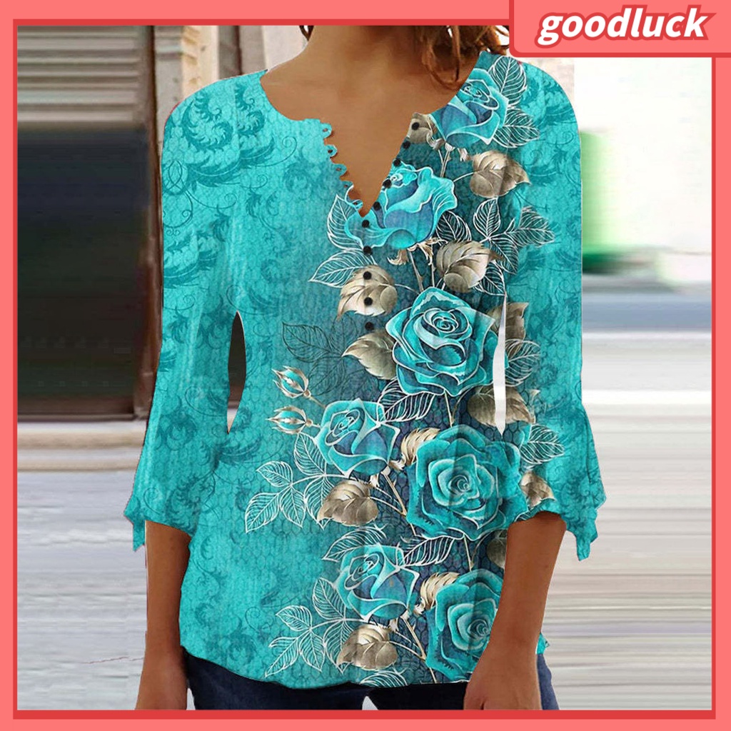 [ULK] Áo Sơ Mi Tay Lửng Dáng Rộng Cổ Chữ V In Hoa Một Hàng Nút Thời Trang Xuân Hè