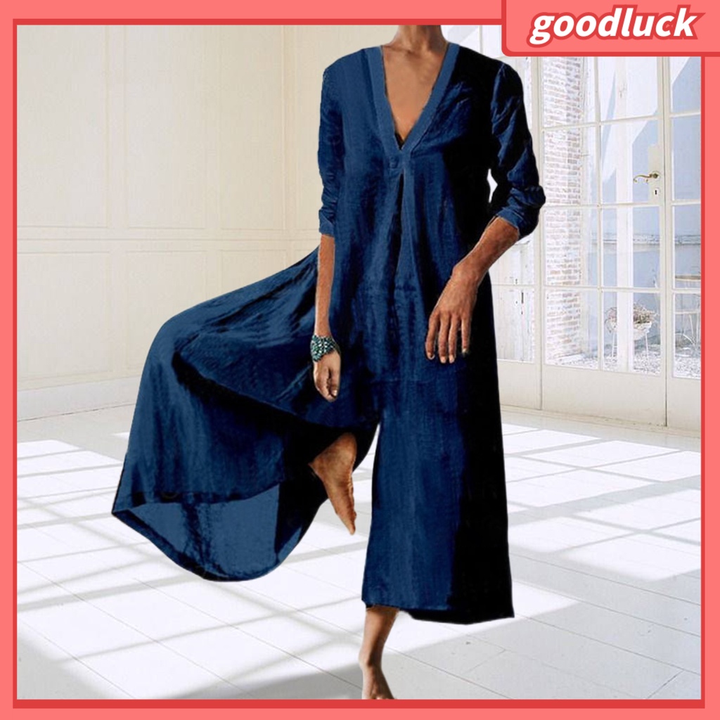 Áo Liền Quần Cổ Chữ V Tay 3 / 4 Ống Rộng Màu Sắc Trơn Thời Trang Mùa Thu Cho Nữ