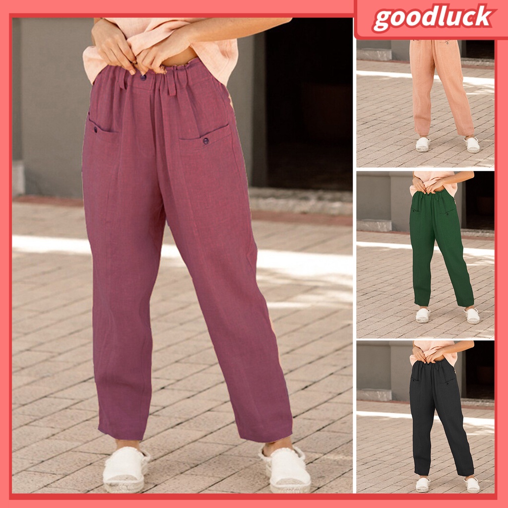 [ULK] Quần Dài Dáng Rộng Lưng Thun Màu Trơn Phối Nút Lớn Cho Nữ