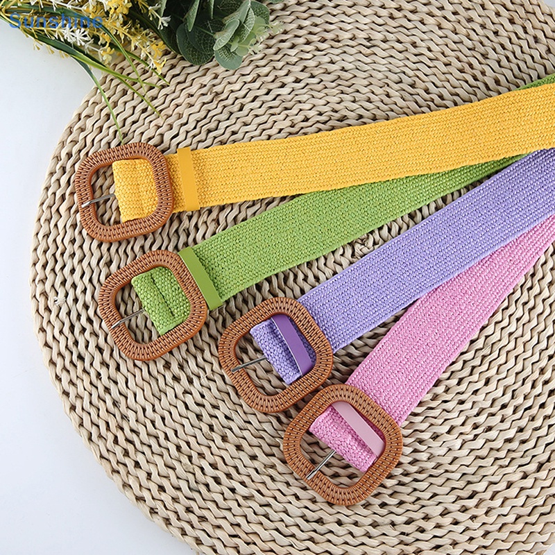 Thắt Lưng Bện Sợi Rơm PP Bản Rộng Co Giãn Khóa Vuông Phong Cách Bohemia Cho Nữ