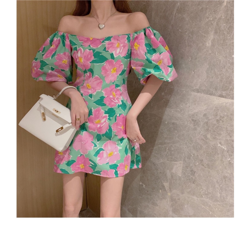 Đầm Dáng Chữ A Cao Cấp Tay Phồng In Họa Tiết Phong Cách Hàn Quốc Cổ Điển Thanh Lịch Thời Trang Mùa Hè Cho Nữ