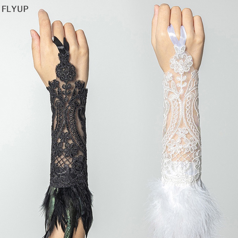 Găng Tay Lưới Hở Ngón Phối Ren Lông Vũ Phong Cách Gothic Dành Cho Nữ