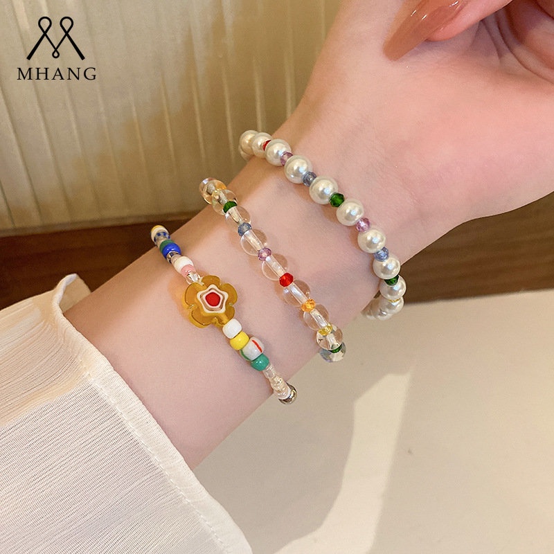 Vòng Tay Chuỗi Hạt Nhiều Màu Sắc Phối Hoa Thời Trang Hàn Quốc Cho Nữ