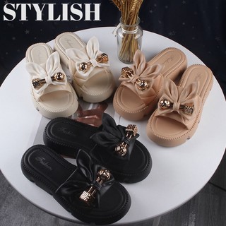Dép sandal đi biển đế dày đính nơ tai thỏ màu sắc trơn dành cho nữ