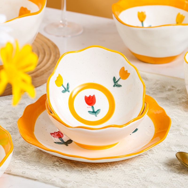 Bát Gốm Hình Hoa Tulip Vẽ Tay Sáng Tạo Cá Tính Cho Hộ Gia Đình, Bát Ăn Cơm, Đĩa, Món Ăn Mạng Internet