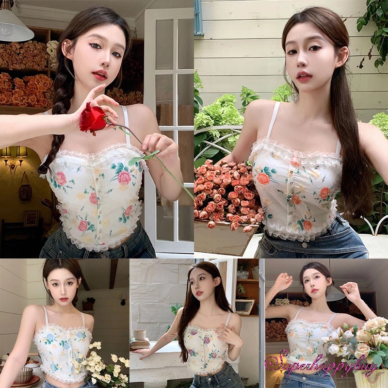 Áo Croptop Sát Nách Họa Tiết Hoa Hồng Phong Cách Retro Cho Nữ