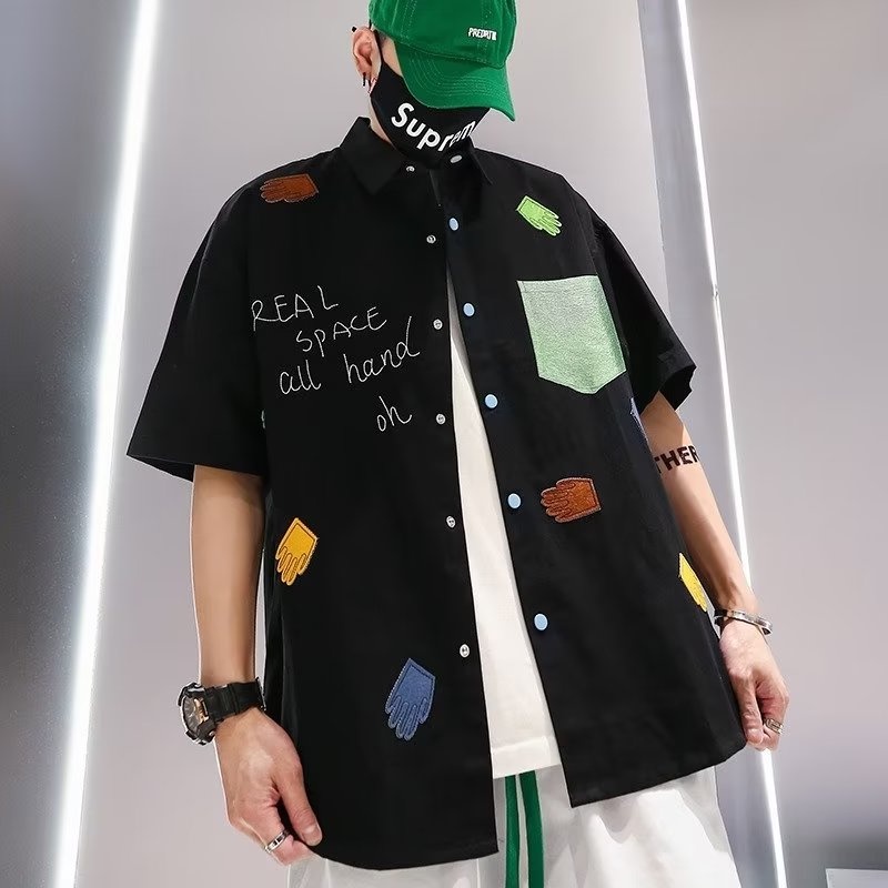 Áo sơ mi Hawaii thêu Unisex ngắn tay nam mùa hè cổ điển thiết kế đường phố cao cấp Áo sơ mi vá