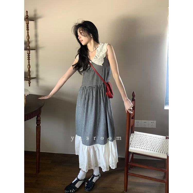 Đầm Dài Không Tay Cổ Búp Bê Họa Tiết Sọc Caro Ngọt Ngào Thời Trang Mùa Hè Theo Phong Cách Pháp Cho