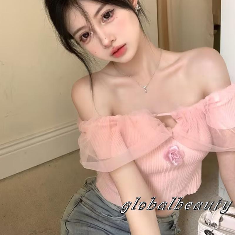 Áo Thun Tay Ngắn Hở Vai Màu Trơn Họa Tiết Hoa 3D Dành Cho Nữ