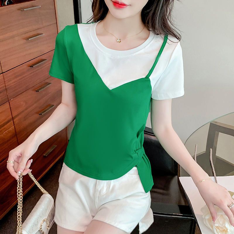 Áo Thun Tay Ngắn Cổ Tròn Phối Màu Thời Trang Mùa Hè Cho Nữ