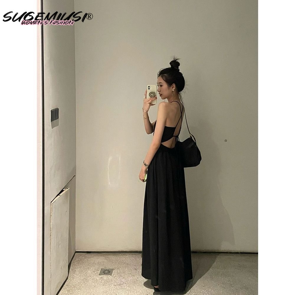 Sugemiusi Đầm Hai Dây Màu Đen Phong Cách Pháp Thời Trang Mùa Hè Sang Trọng