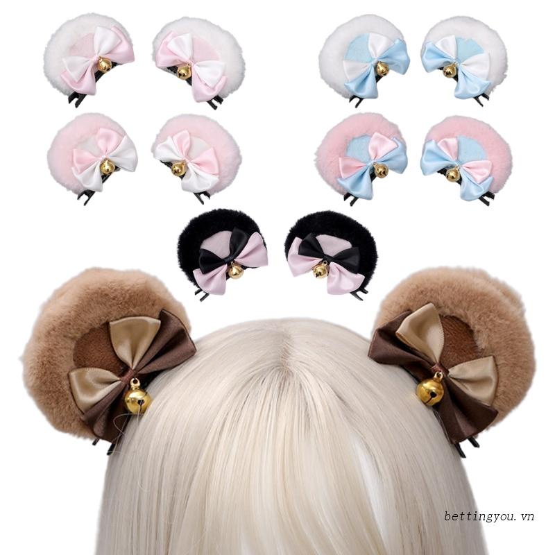 Kẹp Tóc Nơ Đôi Bằng Lông Giả Hình Tai Gấu Kiểu Lolita