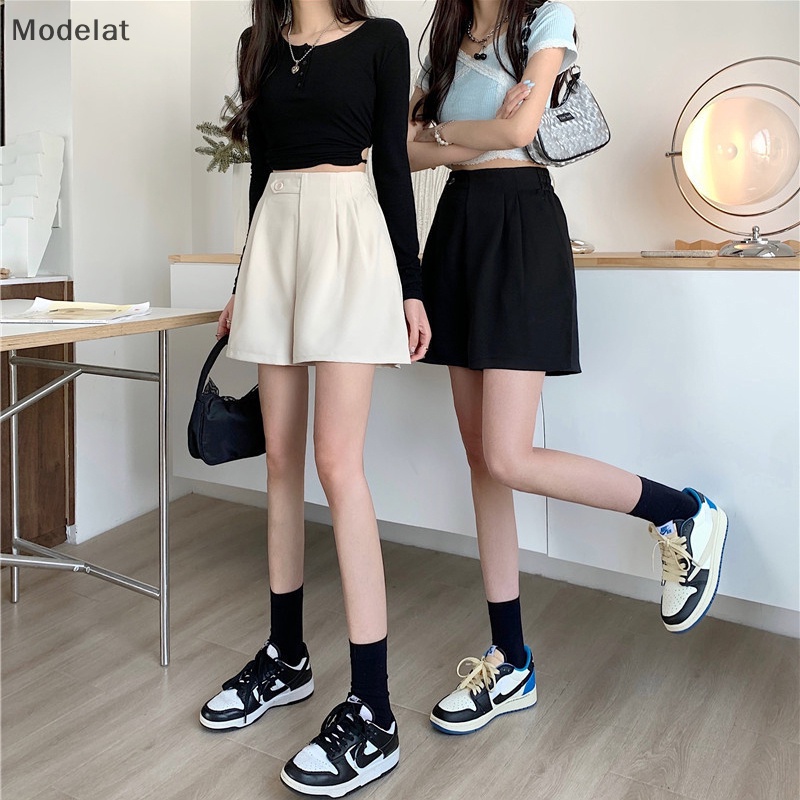 Quần Short Chữ A Lưng Cao Ống Rộng Màu Đen Phong Cách Hàn Quốc Thời Trang Xuân Hè 2023 Cho Bạn Gái