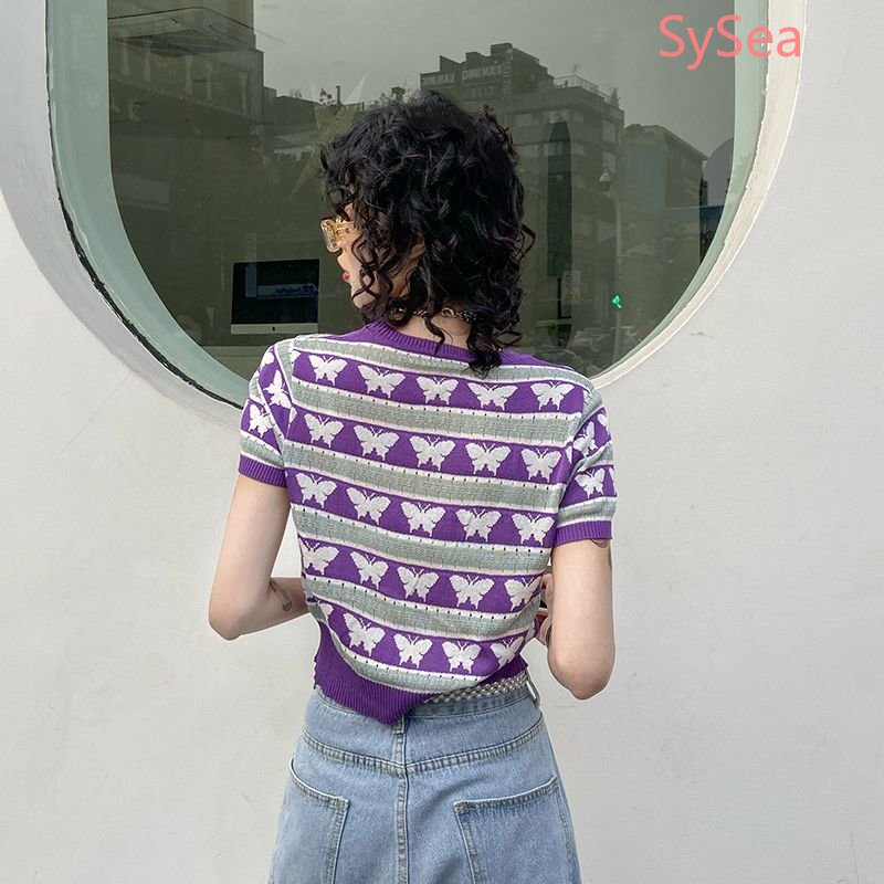 Áo Dệt Kim Họa Tiết Bướm Xinh Xắn Thời Trang Hàn Quốc Cho Nữ