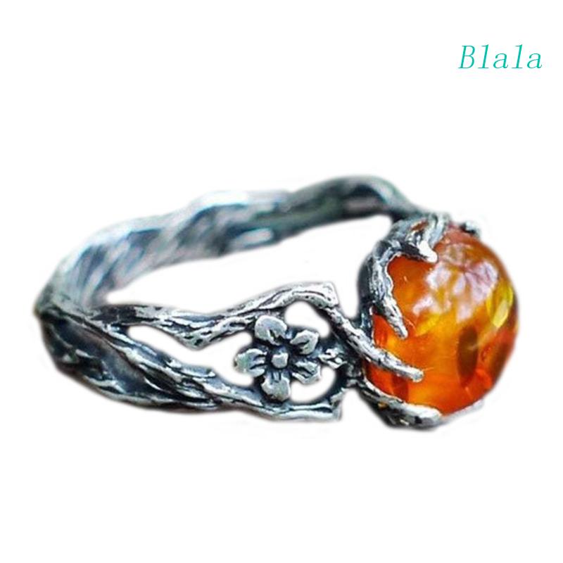 Nhẫn Bạc Mặt Đá Hổ Phách Trong Suốt Phong Cách Boho