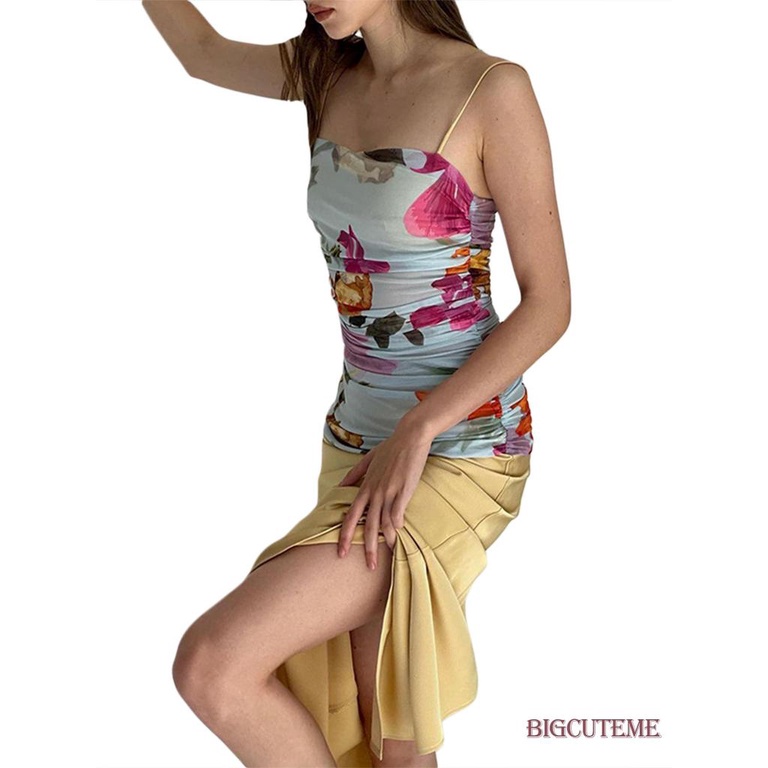 Đầm Hai Dây Dáng Dài Họa Tiết Hoa Hở Lưng Xẻ Tà Thời Trang Mùa Hè Cho Nữ