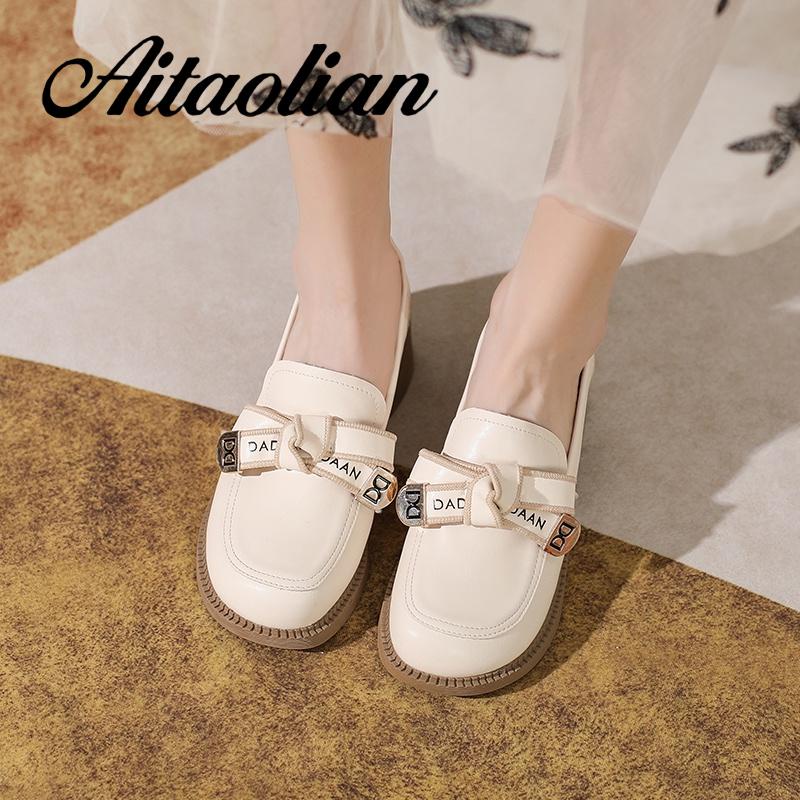 Giày Lười Da Thật Đế Bằng 4.5cm Thắt Nơ Xinh Xắn Hợp Thời Trang Cho Bạn Gái