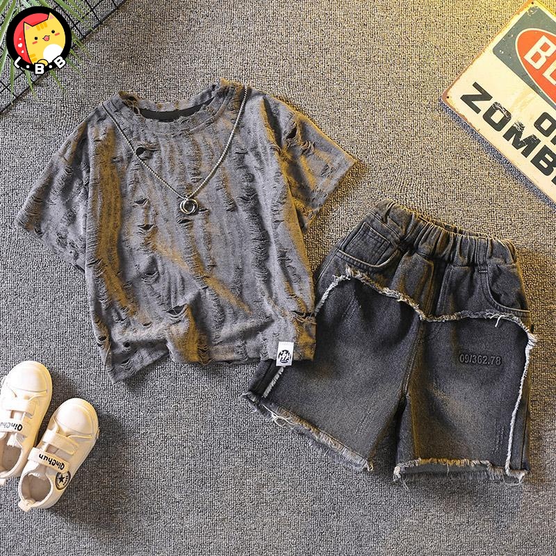 Set Áo Thun Tay Ngắn + Quần Short Denim Thời Trang Mùa Hè Mới Cho Bé Trai 3-5 - 8-10 - 12-13 Tuổi