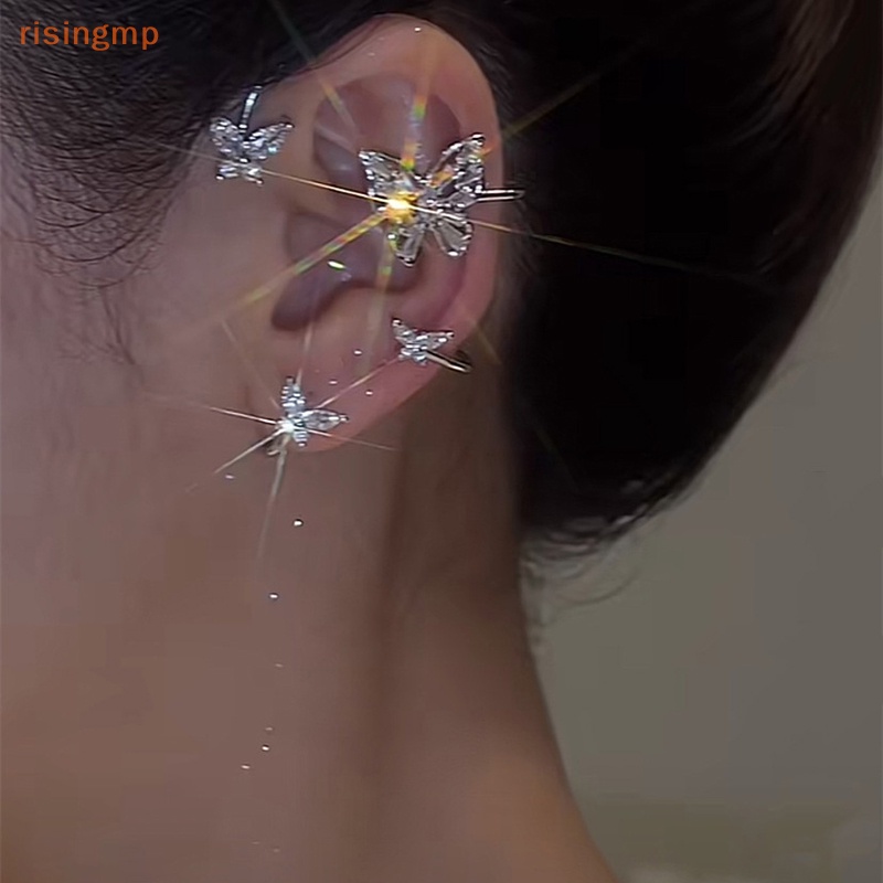 [risingmp] Khuyên Kẹp Vành Tai Bạc Hình Lông Vũ Bướm Màu Sắc Lấp Lánh Không Cần Xỏ Lỗ Tai Cho Nữ