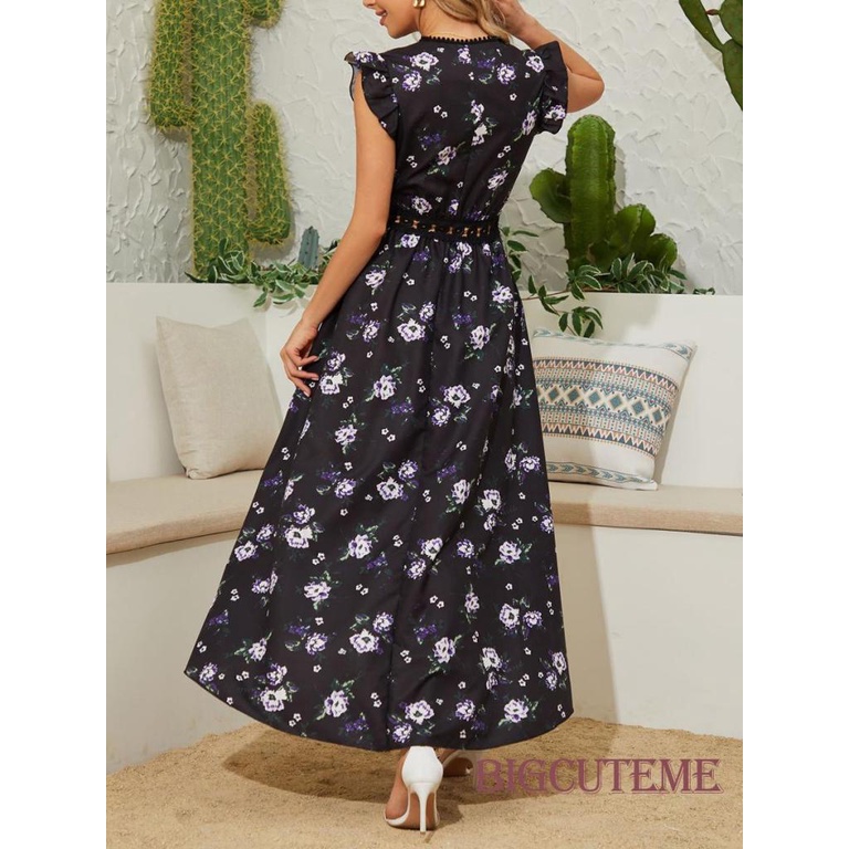 Đầm Dài Cổ Chữ V Tay Cánh Tiên In Họa Tiết Hoa Thanh Lịch Thời Trang Mùa Hè Dành Cho Nữ
