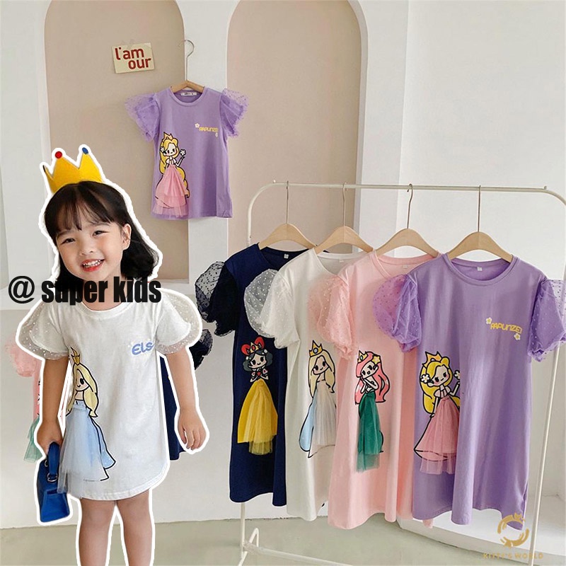SUPER KIDS Đầm Thun Tay Phồng Phối Lưới In Hoạt Hình Bạch Tuyết Ba Chiều Kiểu Phương Tây Dễ Thương