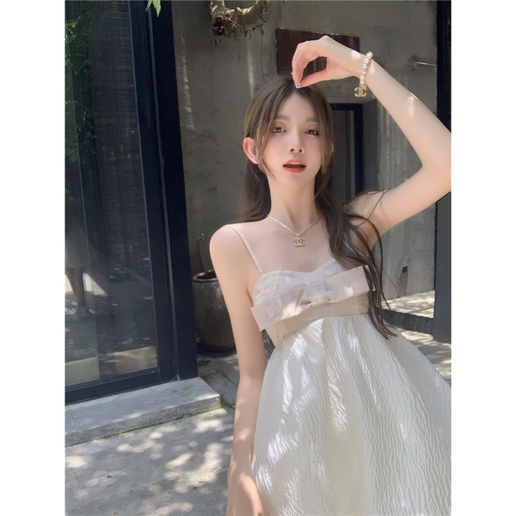 Đầm Ngắn Hai Dây Ôm Eo Đính Nơ Thời Trang Mùa Hè Cho Nữ