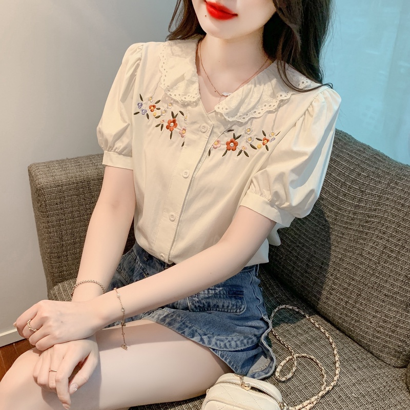 Áo Sơ Mi Chiffon Tay Ngắn Cổ Búp Bê Thêu Ren Phong Cách Mới 2023 Cho Nữ