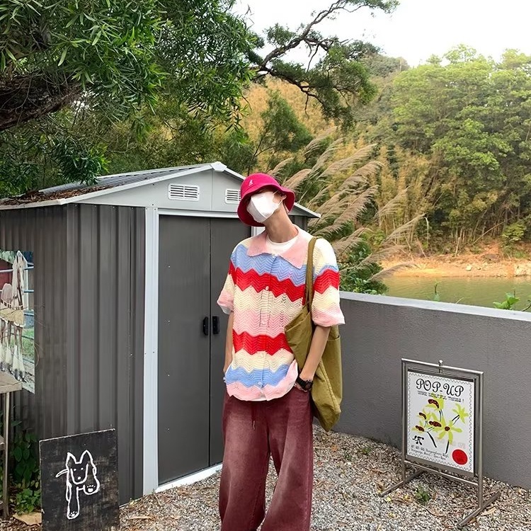 Áo polo Dệt Kim Tay Ngắn Dáng Rộng Họa Tiết Kẻ Sọc Màu Sắc Tương Phản Thời Trang Mùa Hè Cho Nữ