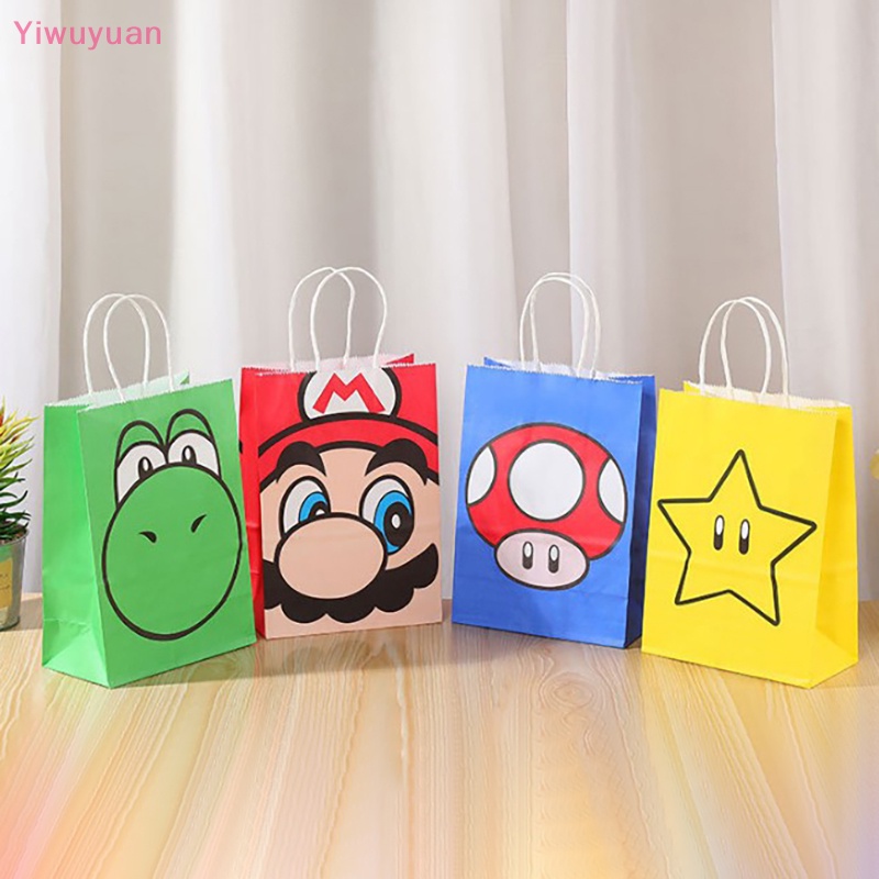 Bộ 4 Túi Giấy Kraft In Hình Super Mario Trang Trí Tiệc Cưới, Sinh Nhật, Giáng Sinh Năm Mới